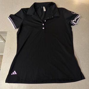 Adidas black polo shirt with pink and purple logo